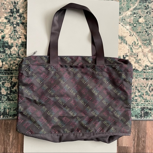 PINK Victoria's Secret Handbags - PINK Victoria’s Secret Black Zip Up Tote Bag Black Fluorescent Allover Logo